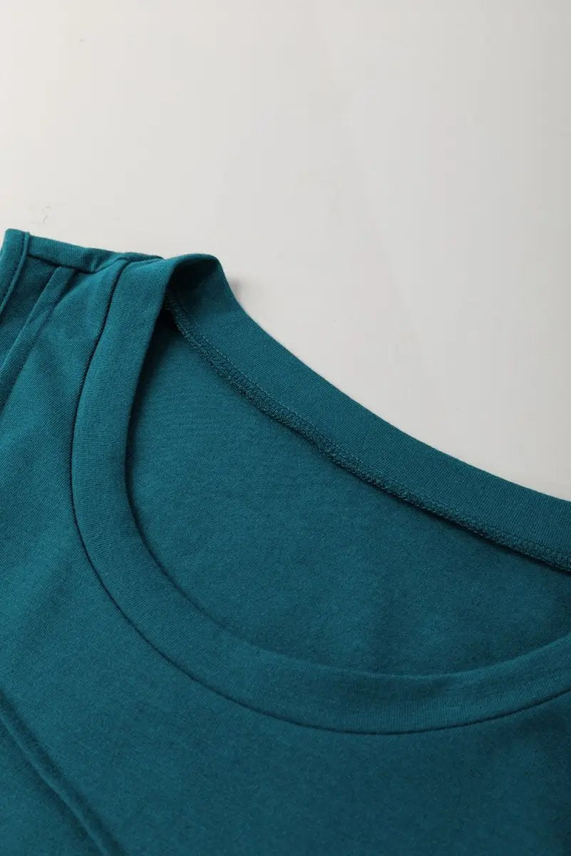 Blue Sapphire Solid Color Stitching Detail Round Neck Tank Top for Casual Wear - Love Salve